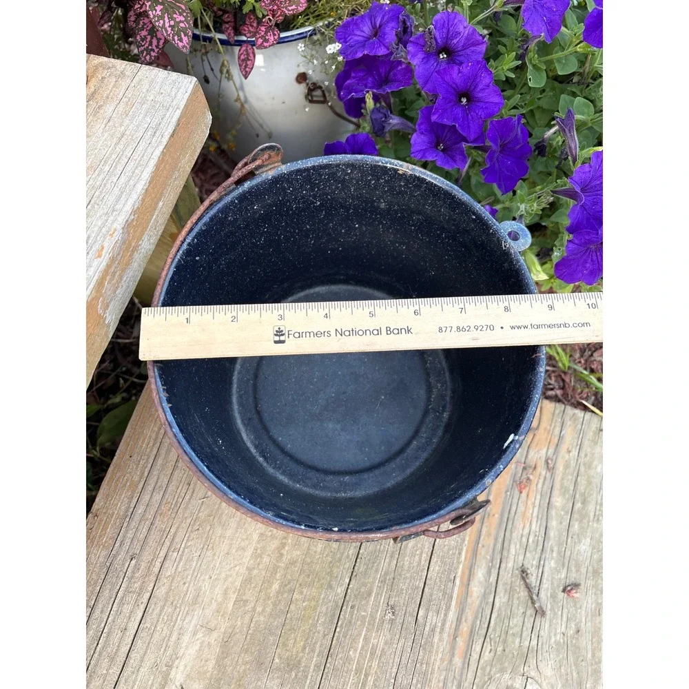 Vintage Cobalt Blue Speckled Enamelware Farmhouse Wire Handle Berry Pail 6 inch